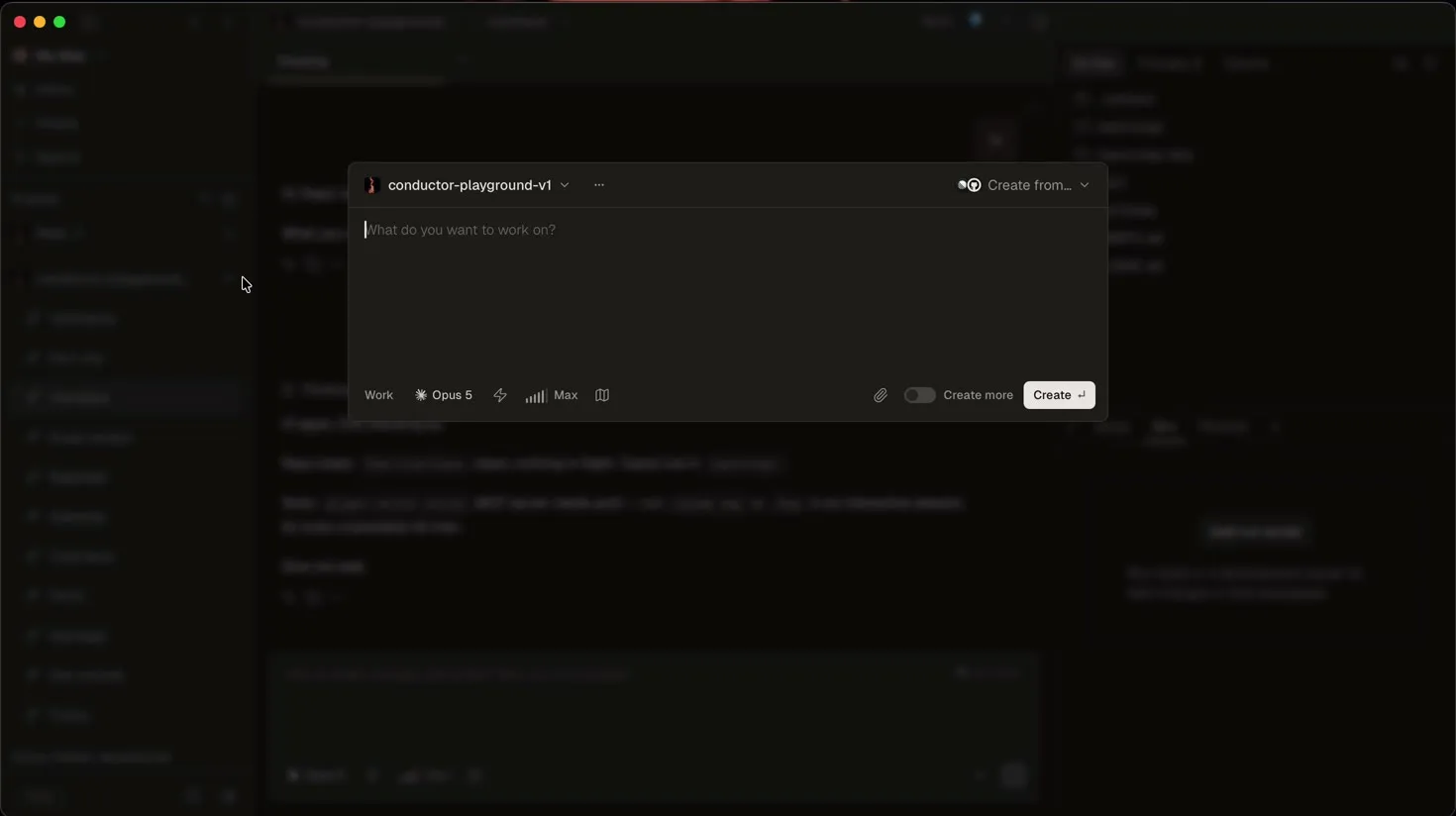 The account panel open in Conductor's toolbar, listing Claude Code and Codex accounts with a tick beside the active one