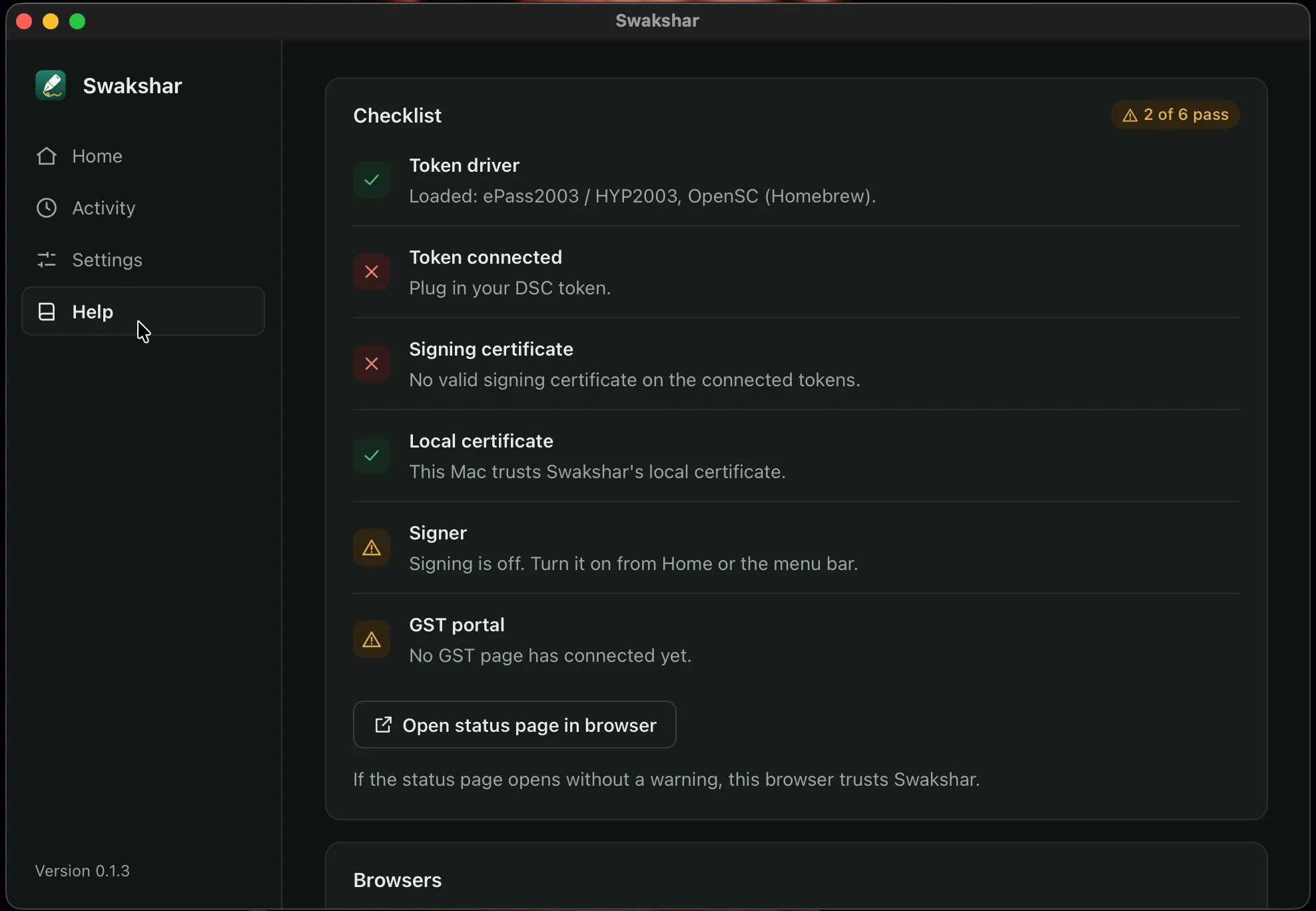 Swakshar's checklist with the token driver loaded, no token connected yet, the local certificate trusted, and signing still off